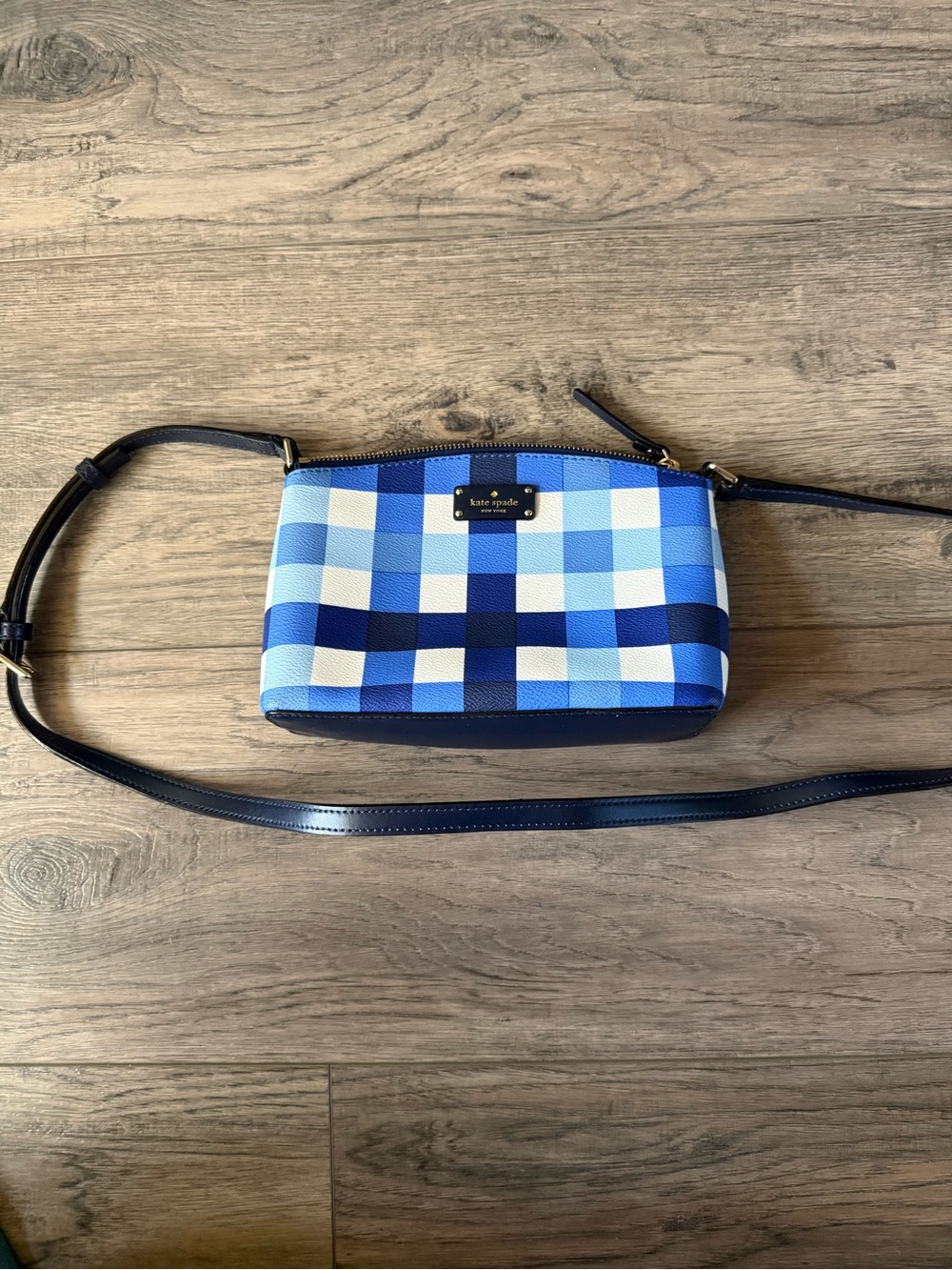 kate spade Blue Gingham Crossbody with Navy Strap